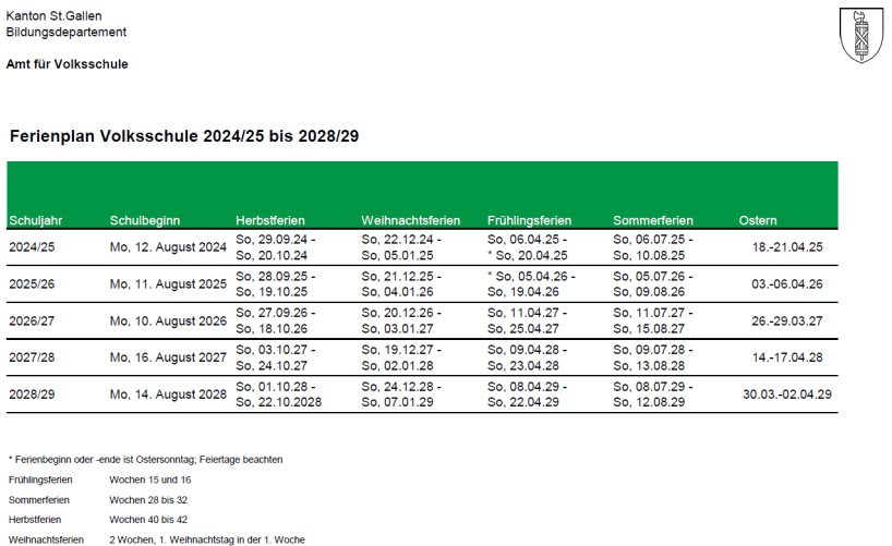 Ferienplan Volksschule